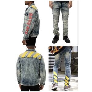 REASON Caution Painted Denim Jacket Slim Jeans Set Outfit Men’s Size 38 Large